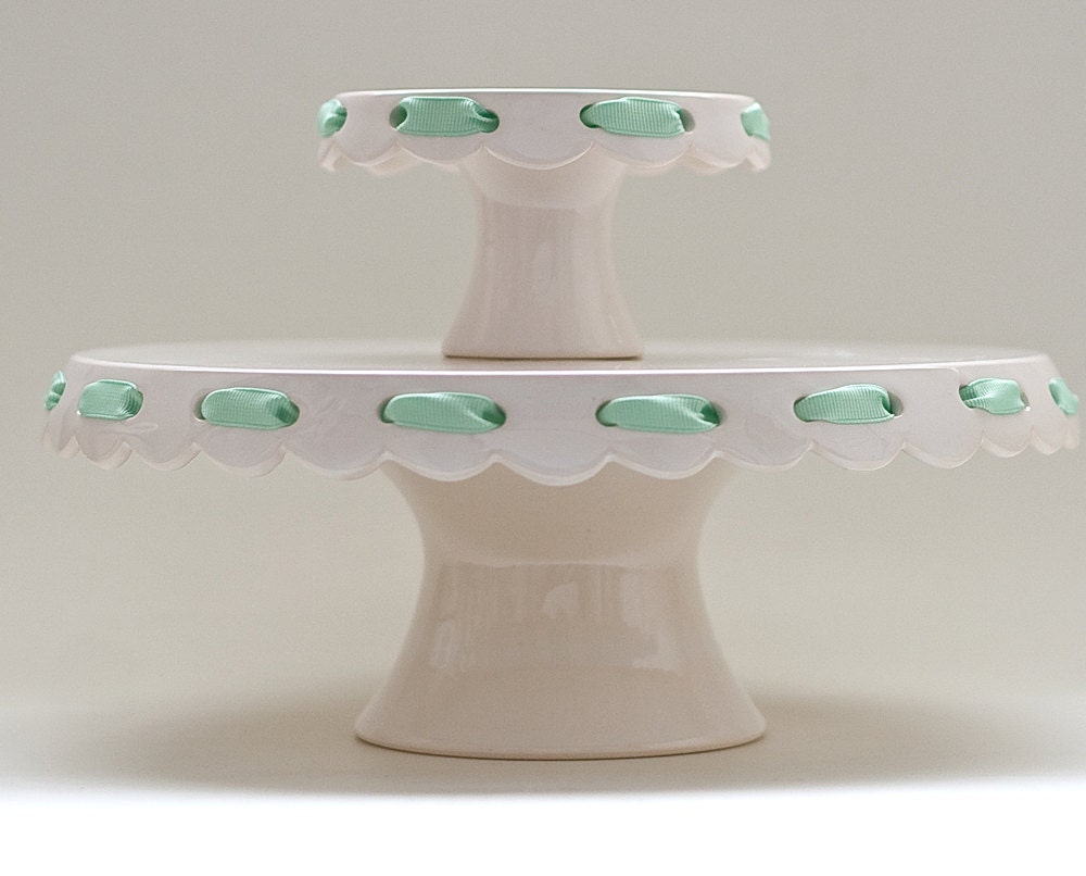 Cake Stand Tier Set - Medium 10" and Tiny 4" - Ribbon Stands - White - MADE TO ORDER