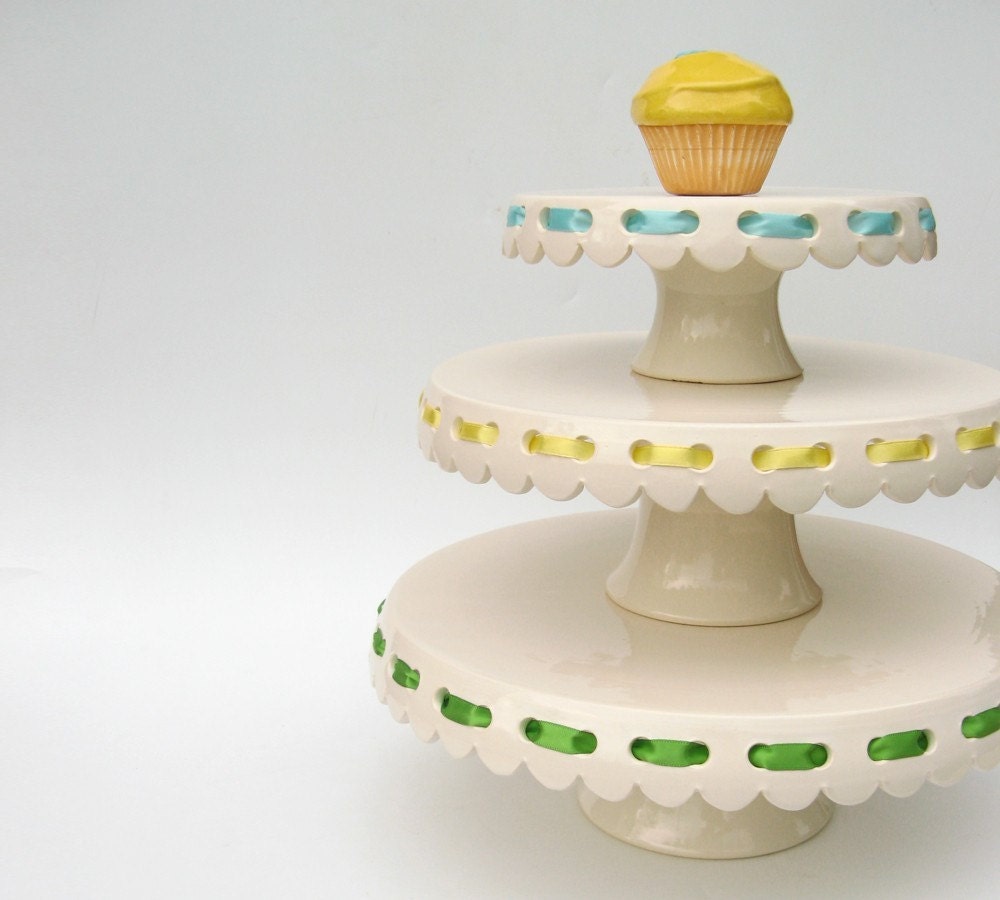 Set of 3 eyelet cake plates with ribbons... MADE TO ORDER.