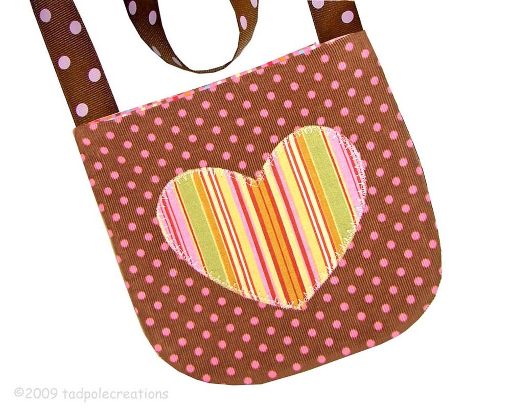 Girls Stripy Heart Pocket Purse in Spotty Chocolate Brown and Pink Corduroy -  Little Girls to Tweens - Birthday Gift