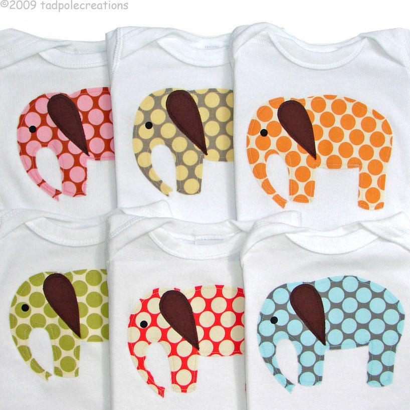One Spotty Elephant Applique Baby Bodysuit - Green, Pink, Blue, Orange, Yellow, or Red - LONG SLEEVE