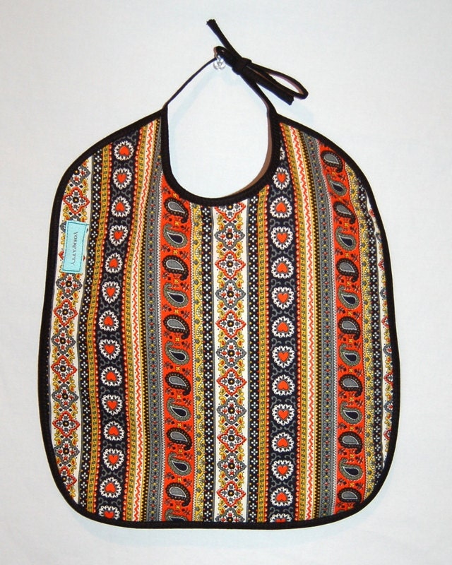 Vintage Paisley Heart Bib - handmade, vintage fabric, orange, black, baby, feeding
