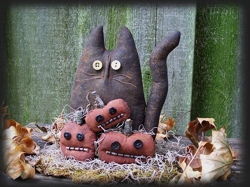 Primitive Black Cat and Pumpkins Doll E-PATTERN