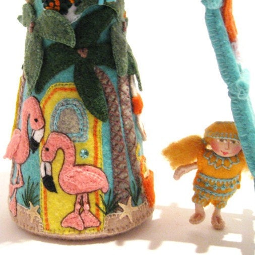 Fiber Art Beach Tree HouseWith Three Miniature Art Dolls, Hand Made, Hand Embroidered