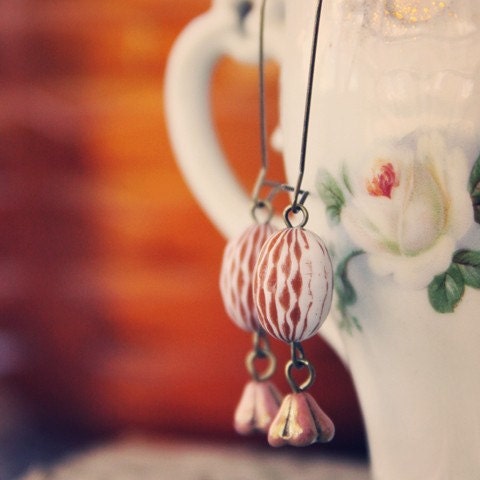 Coffee & Peach Flower Dangle Earrings