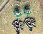 green and pink floral leaf drop earrings