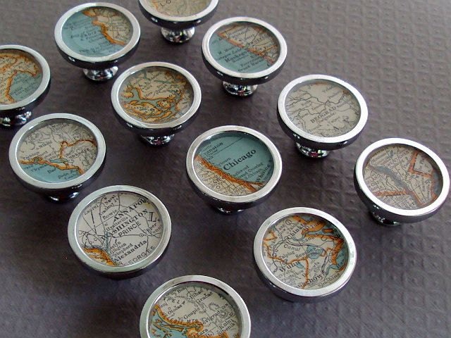 Map Drawer Pulls or Handles Cabinet Knobs Custom 1935 Colliers Atlas Vintage Home Decor