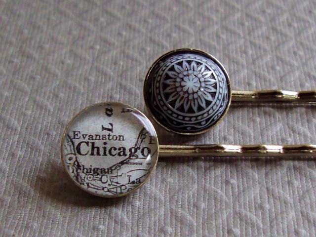 Map Hair Pins Vintage  Pattern and Black and White  Chicago Atlas