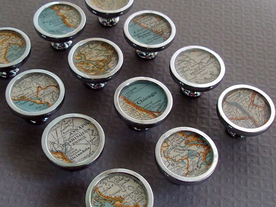Map Drawer Pulls or Handles Cabinet Knobs Custom 1935 Colliers Atlas Vintage Home Decor