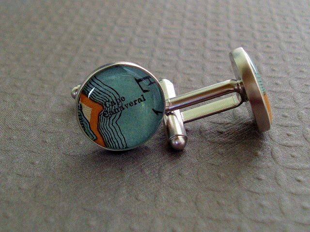 Vintage Map Cufflinks Cape Canaveral Florida Recycled Sterling Silver Last Pair