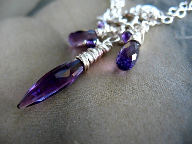 Amethyst Necklace - Sterling Wire Wrapped Pendant , February Birthstone, Marquise Purple Gemstone Waterfall