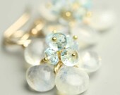 Rainbow Moonstone Flower Earrings with Blue Topaz Clusters