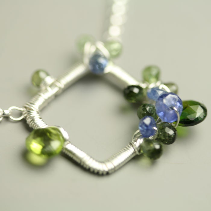 Wire Wrapped Necklace Sterling Silver Blue Sapphire Green Tourmaline