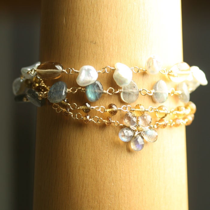 Multi Strand Bracelet Labradorite Quartz Keshi Pearl Gold Fill