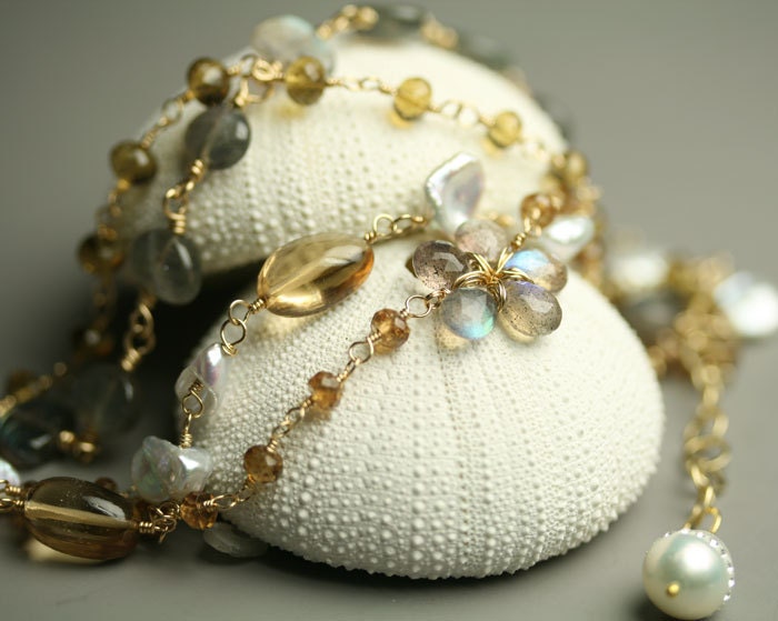 Multi Strand Bracelet Labradorite Quartz Keshi Pearl Gold Fill