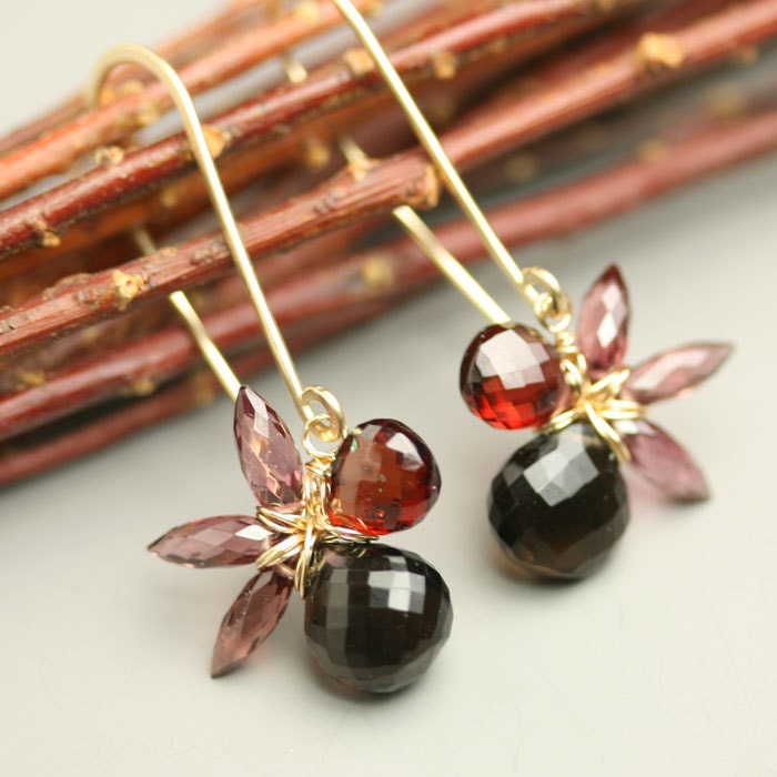 Flower Jewelry Smoky Quartz Red Garnet Gemstone Flower Earrings