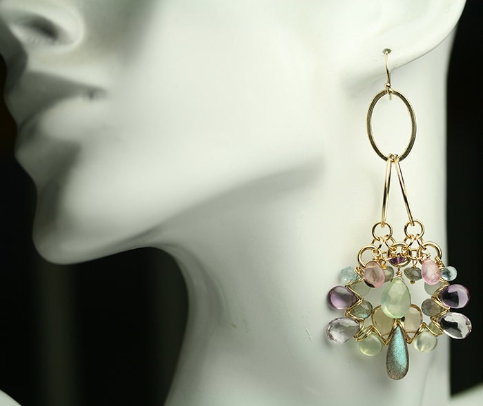 Long Glam Dangle Earrings Wire Wrapped Labradorite Pink Amethyst Champagne Citrine Prehnite