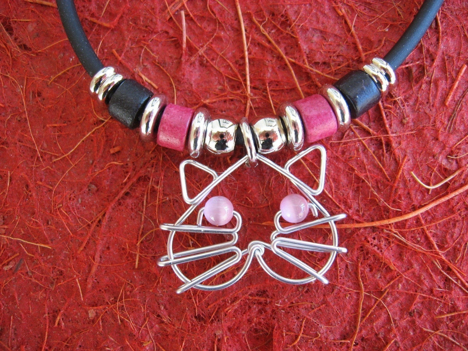 CAT NECKLACE wire wrapped pink eyes