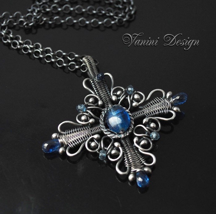 Celtic cross- Fine/Sterling silver and kyanite pendant necklace