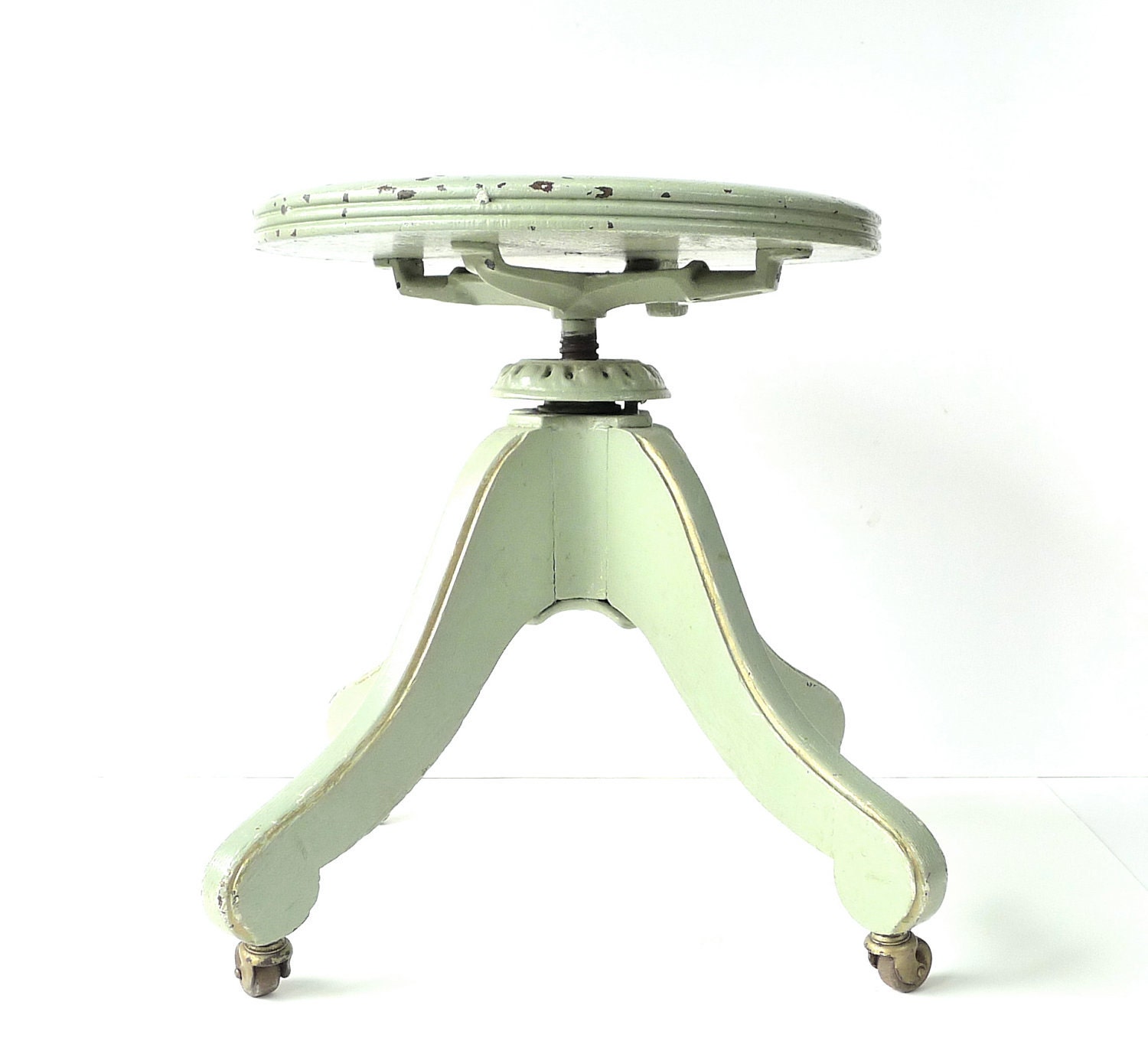 Antique Painted Mint Green Oak Piano Stool
