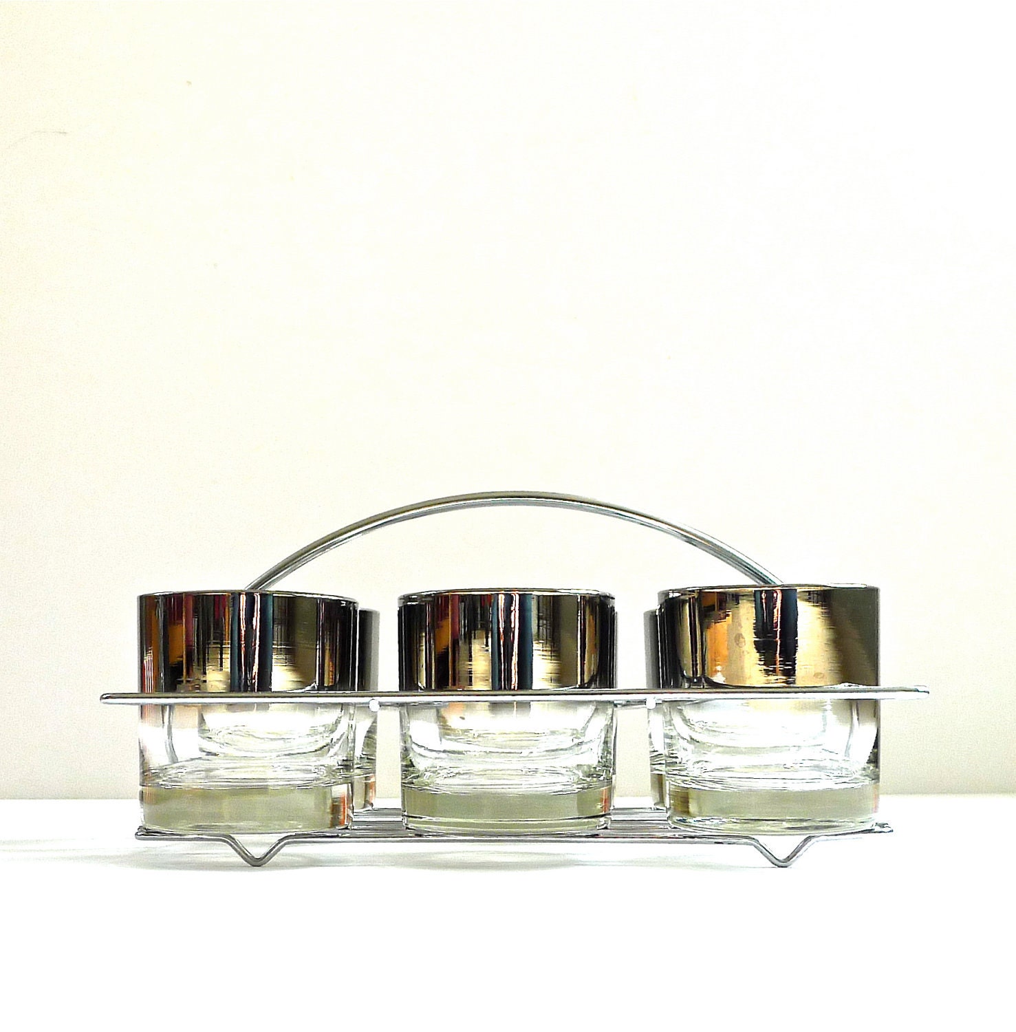 Silver Ombre Mid Century Barware Glasses in Caddy