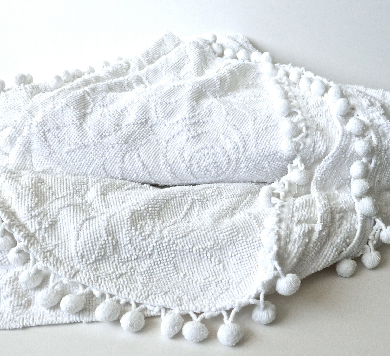White Rose Petit Point Pom Pom Vintage Chenille Bedspread