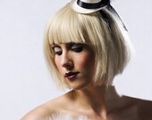 Mini white top hat with black satin ribbon and bow, bridal, wedding, races