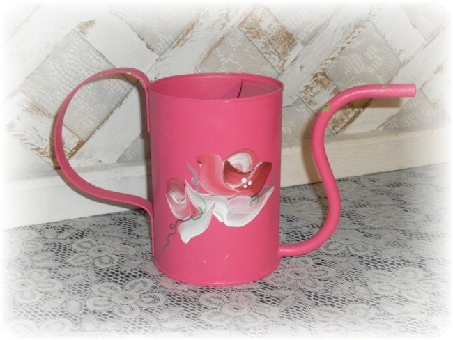Hand Painted Shabby and Chic Pink Cottage  Rose Metal Watering Can