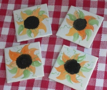 Hand Painted Farmhouse Country Sunflower Ceramic Tile Coaster Set