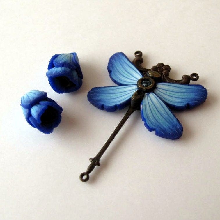 Bead Components Blue Dragonfly and Flower Drops