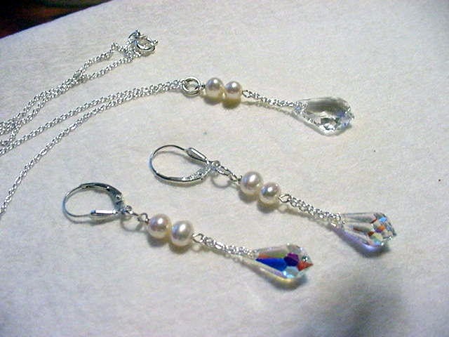 Clear AB Crystal with White Pearl Earrings and Necklace Set on Sterling Silver for Her Wedding Day