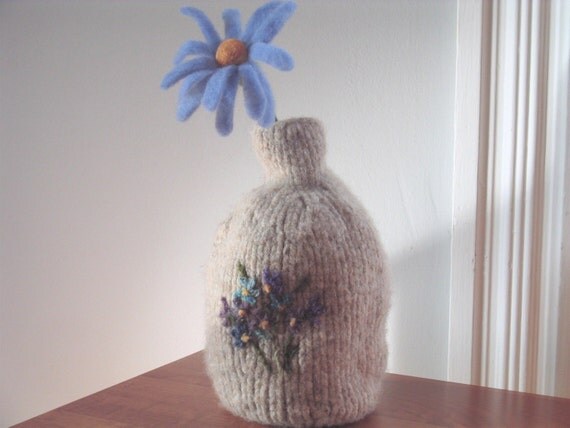 Felted Oatmeal Vase with needle felted floral design and Blue Aster Flower