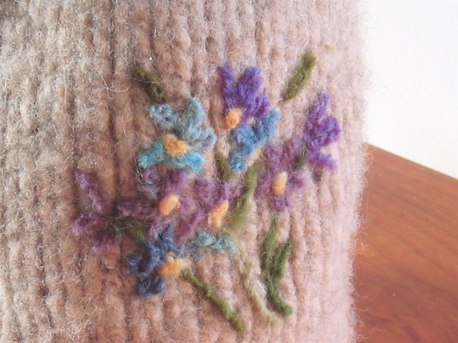 Felted Oatmeal Vase with needle felted floral design and Blue Aster Flower