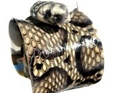 Black, Cream and Natural Snakeskin Cuff with Snake Head - by UNEARTHED