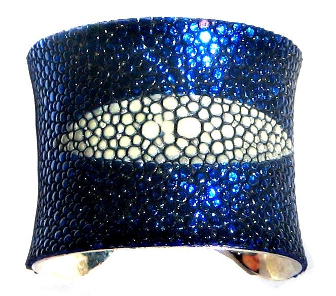 Sapphire Blue Metallic Stingray Leather Cuff Bracelet - by UNEARTHED
