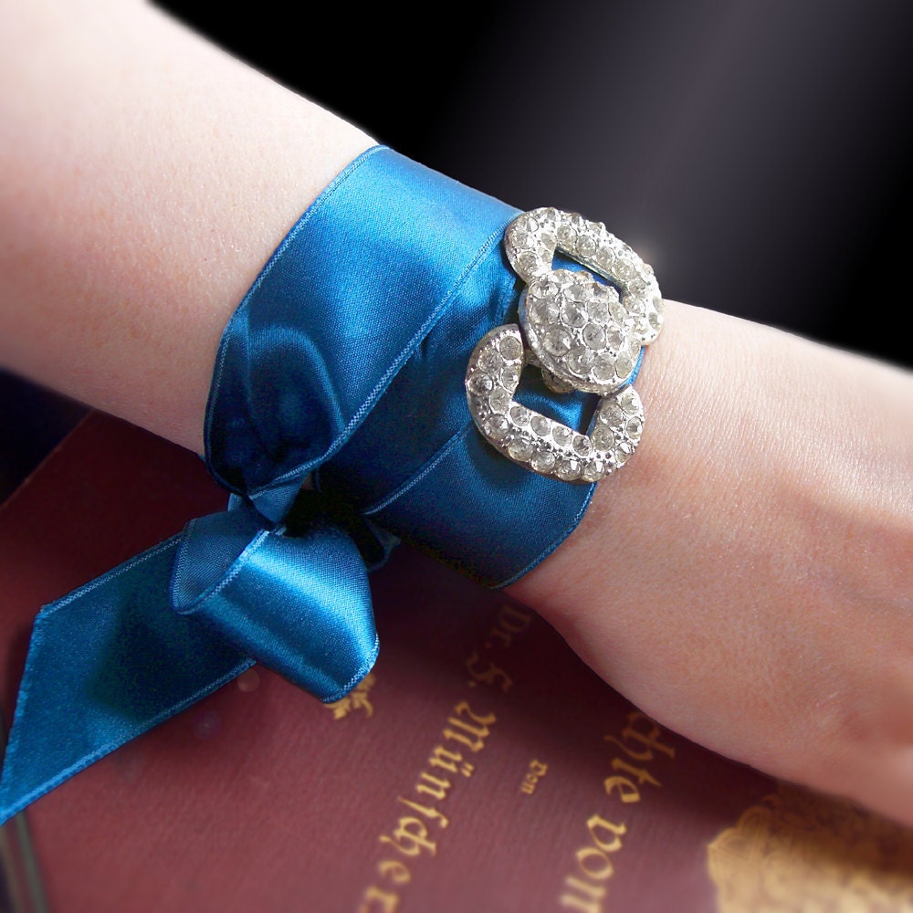 2-in-1 Antique Art Deco Bracelet or Choker with Sapphire Blue Vintage Ribbon