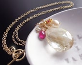 Gemstone Charm Necklace with Pink Tourmaline, Golden Rutilated Quartz, Akoya Pearl, and Solid Gold