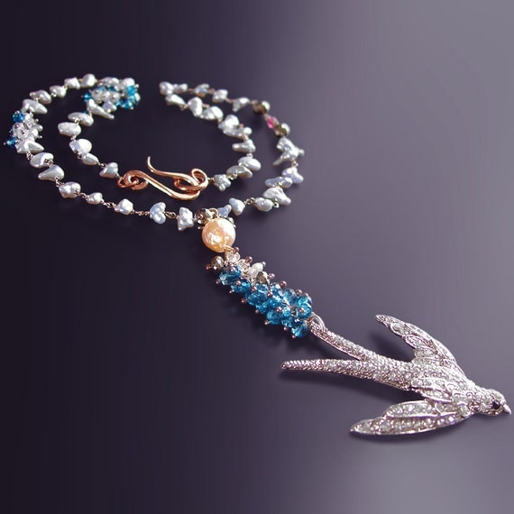 RESERVED - Vintage Sparrow Necklace with Japanese Saltwater Keishi Pearls, London Blue Topaz, Pink Sapphire, and Pyrite