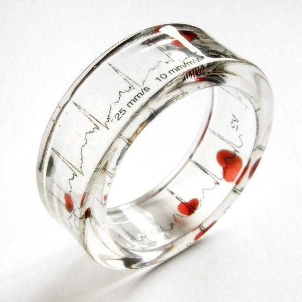 Resin Bangle - EKG Bracelet, Unique Clear Resin Bracelet with EKG Print