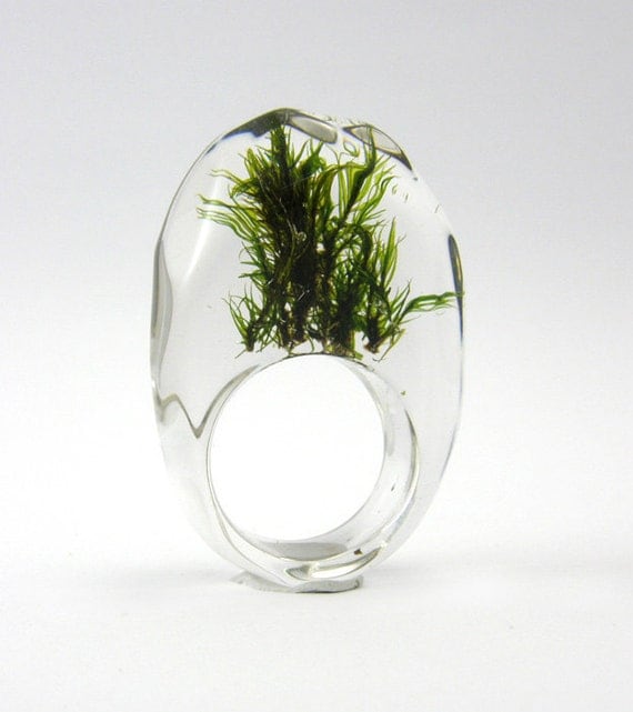 Clear resin ring with green moss