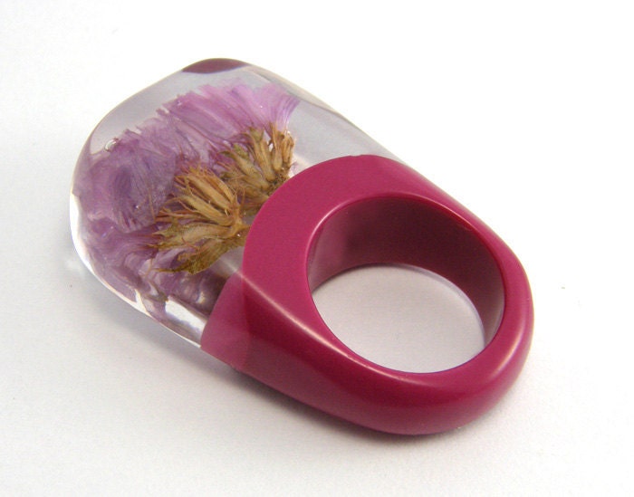 Pink Flowers and Fuchsia Resin Ring