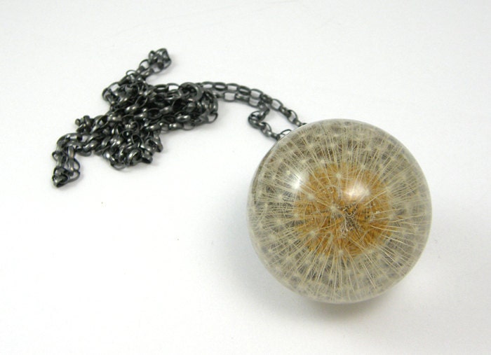 Resin Necklace - Dandelion Pendant. Silver. Large 3,4 cm