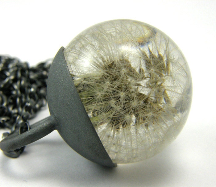 Dandelion Resin and Silver Necklace, Small Dandelion pendant, dandelion necklace