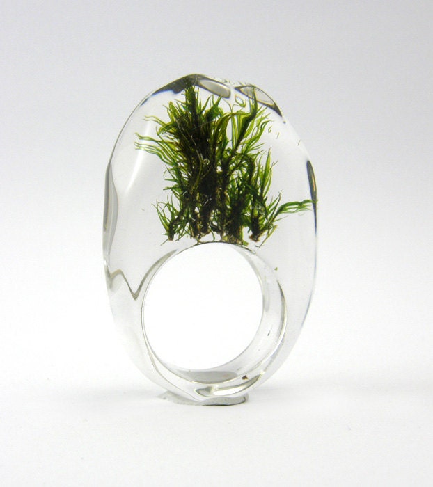 Clear resin ring with green moss