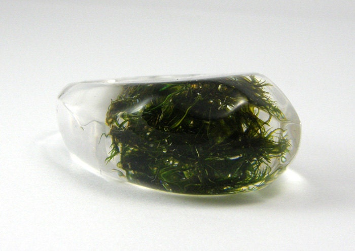 Clear resin ring with green moss