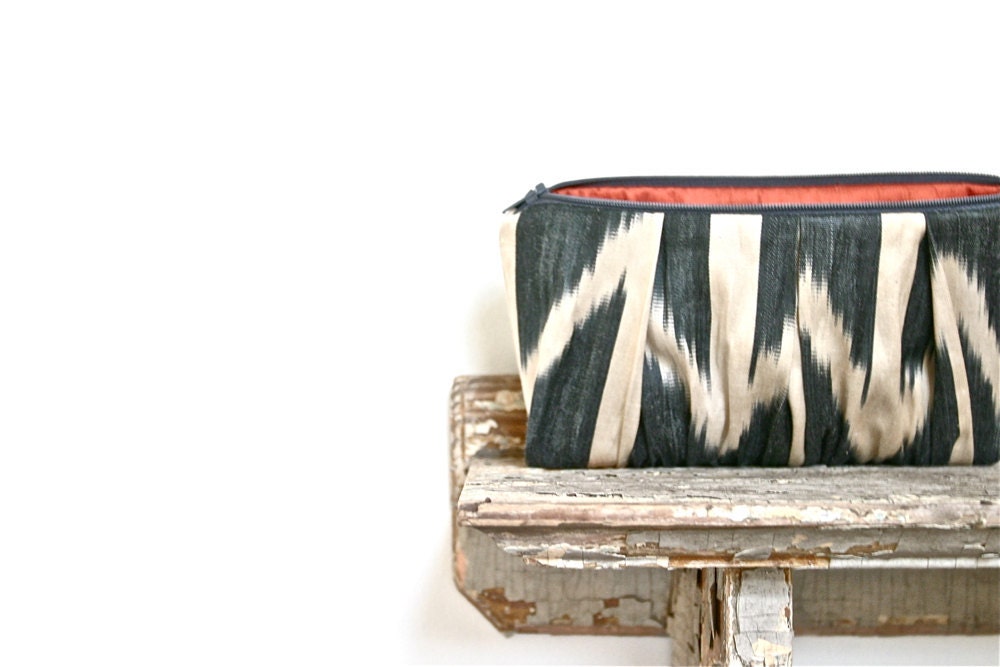 navy silk ikat clutch bag, chevron print, tribal