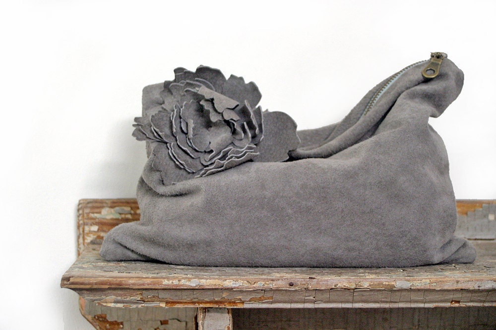 Boho chic grey slouchy suede zip clutch, fashion handbag, clutch purse, leather clutch