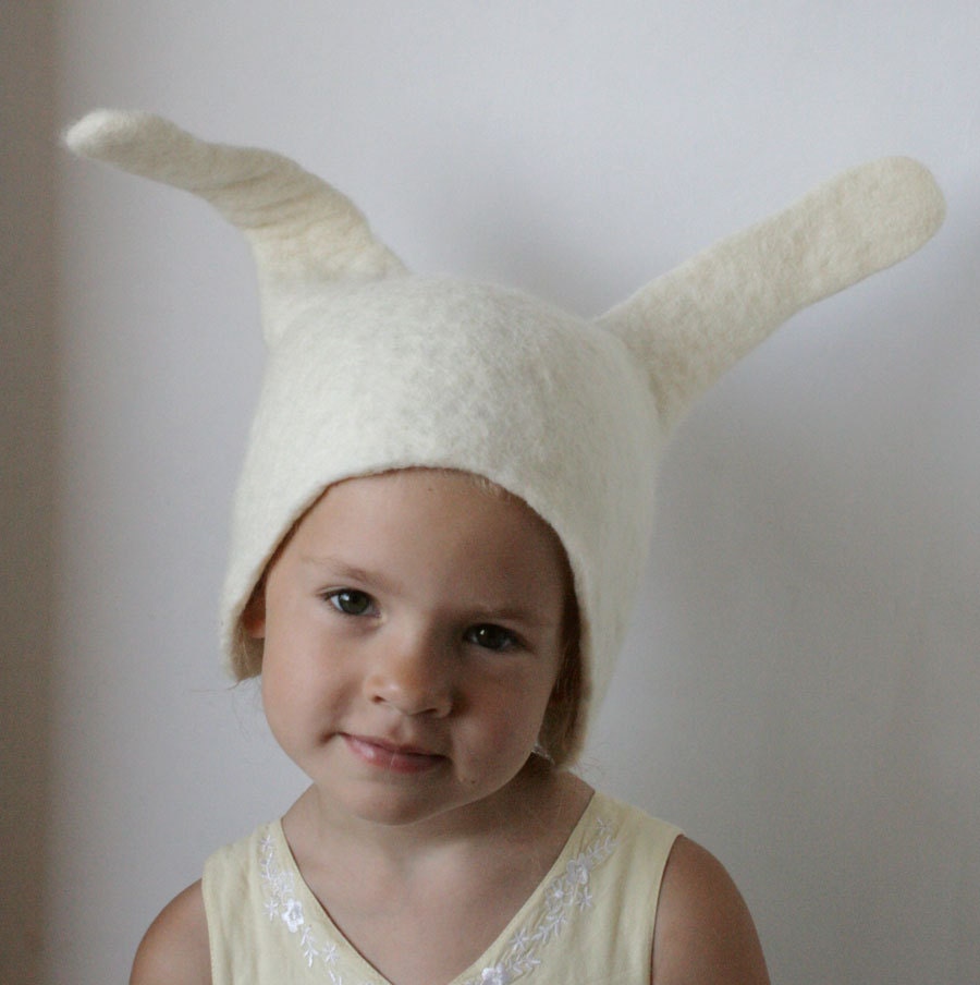 Bunny / Rabbit Hat Earflap - Hand Felted Natural White Wool -- Size Medium/Large