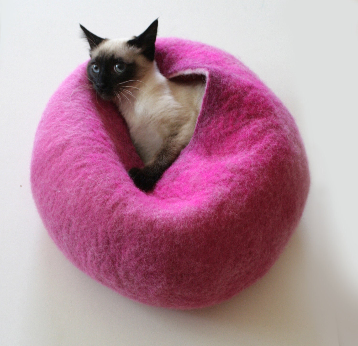 Cat Nap Cocoon / Cave / Bed / House / Vessel - Hand Felted Wool - Crisp Contemporary Design - READY TO SHIP Hot Pink Bubble