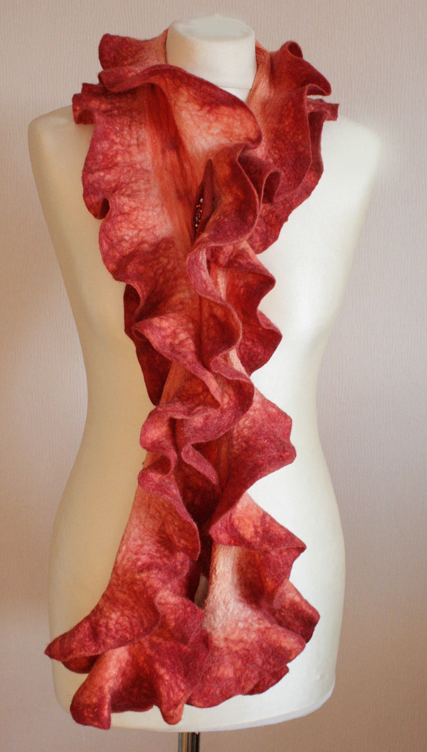 Peachy Orange Shades - Long Scarf Hand Felted Wool - Wearable Art