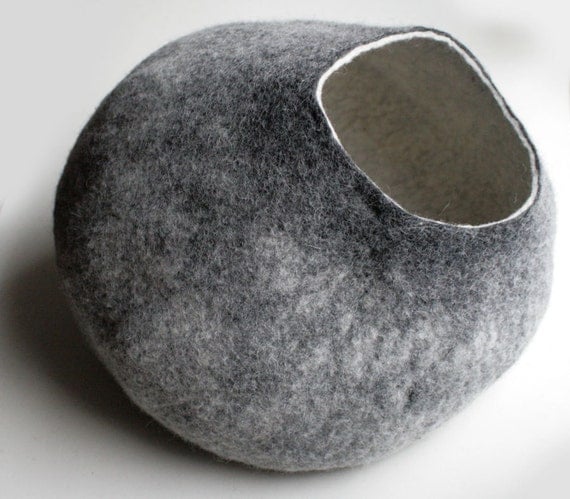 Warm Gray Stone - Hand Felted Wool Cat Bed / Vessel - Crisp Contemporary Design